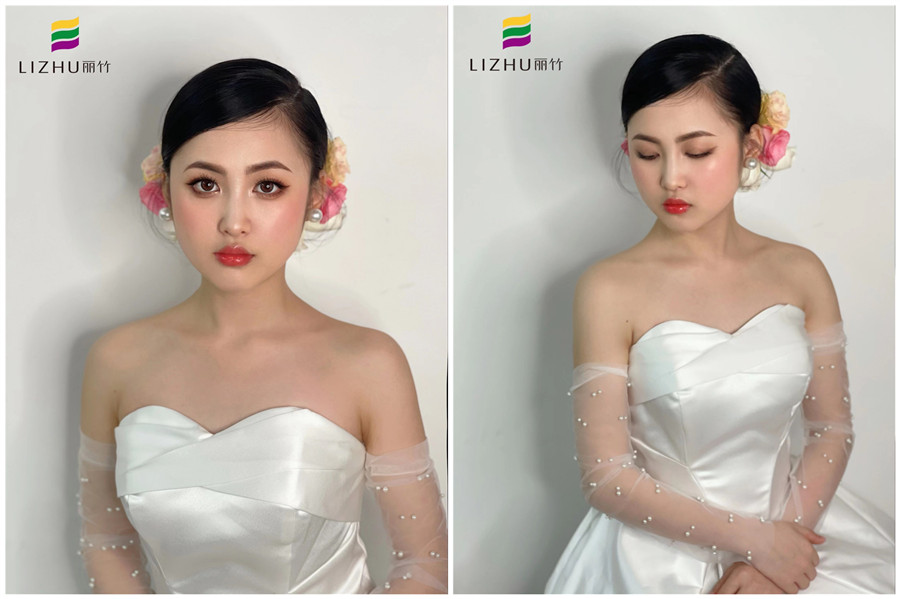 簡約鮮花新娘妝容，廣西化妝學(xué)校新娘妝作品