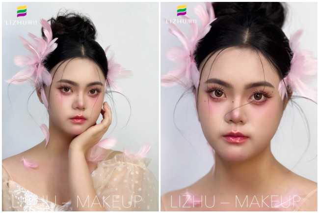 粉色羽毛寫真作品，廣西學(xué)化妝操作